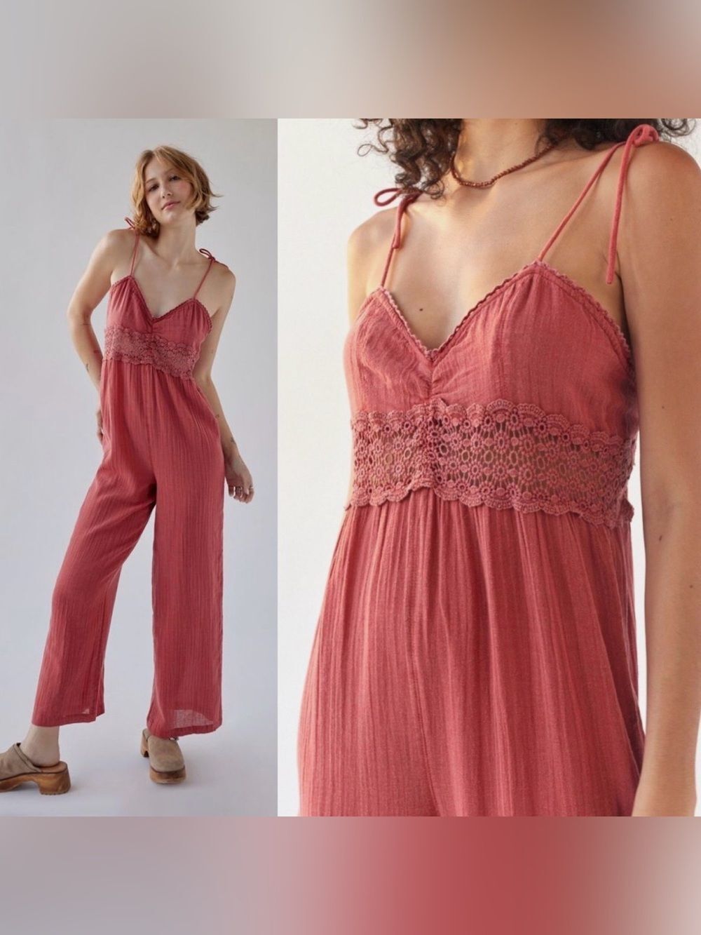 Urban Outfitters Tilly Lace Inset Crochet Boho Gauze Jumpsuit Rust Red Sz XS